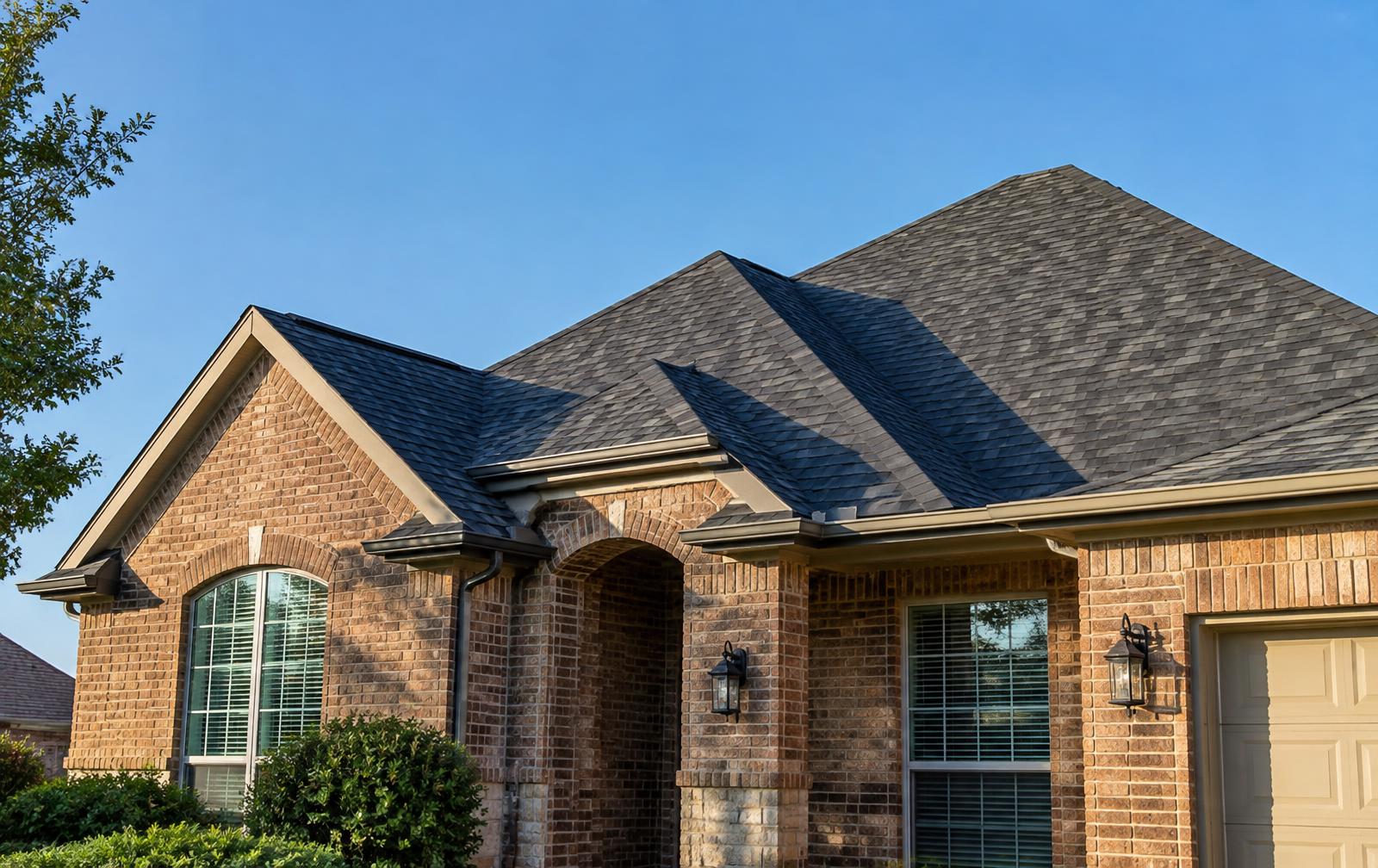 Newly replaced dark architectural asphalt shingle roof on a brick home in North Texas